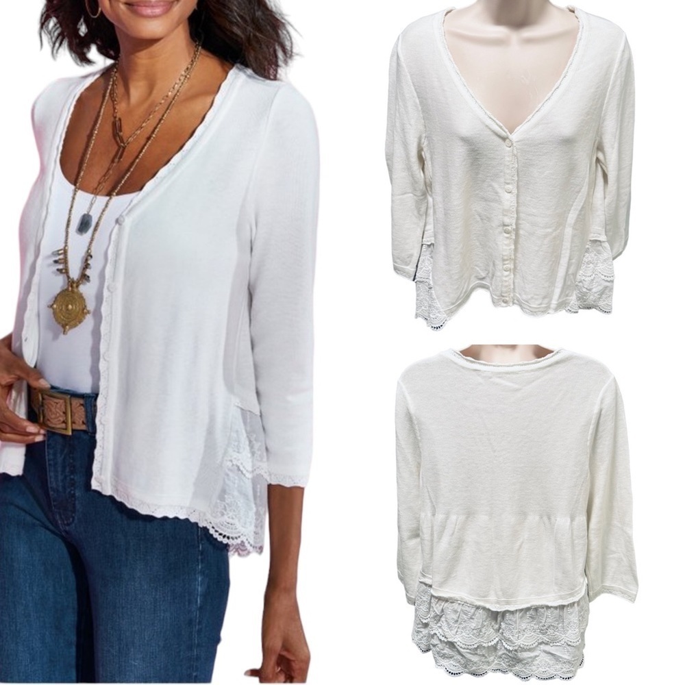 Soft Surroundings White Marion Cardigan V-Neck Lace Trim Size Small #9842